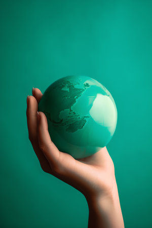Green globe in female hand on green background. Save the planet conceptの素材