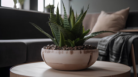 Sansevieria plant in a wooden pot on the table.の素材