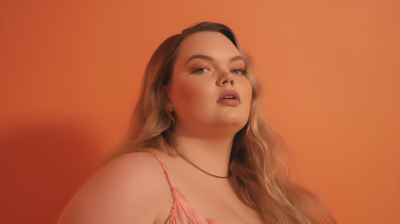 Portrait of a beautiful girl with long hair on a orange backgroundの素材