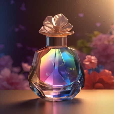 Perfume bottle on the background of flowers. 3d renderの素材