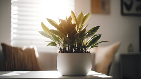 Houseplant in a white pot on a table in the living roomの素材