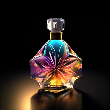 Perfume bottle with a flower on a black background. 3d illustrationの素材