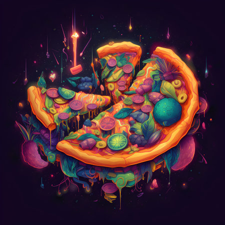 Pizza slice with fruits and vegetables on dark background. Vector illustration.の素材