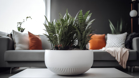 Interior of modern living room with plant in pot, close upの素材
