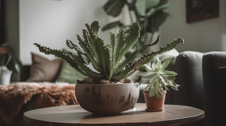 Succulent plant in a pot on a table in the living roomの素材