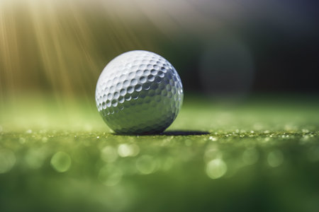 Golf ball on green grass with sun rays and bokehの素材