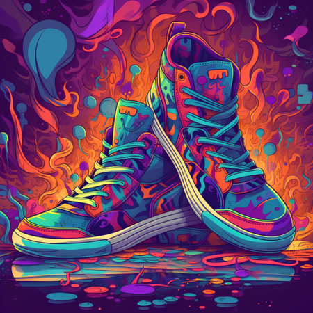 Vector illustration of sneakers on a background of fire. Vintage style.の素材
