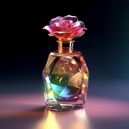 Perfume bottle with rose on dark background. 3D renderingの素材