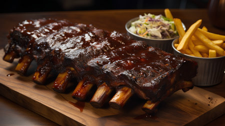 Barbecued ribs with fries and salad on a wooden board.の素材