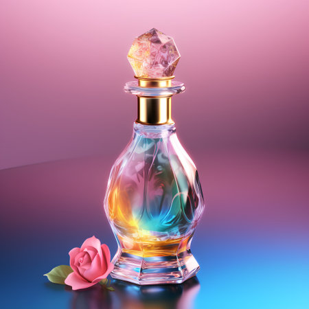 Perfume bottle with rose on blue background. 3d illustrationの素材
