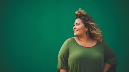 Portrait of a smiling young woman on a green wall background.の素材