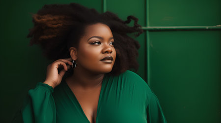Beautiful african american woman with afro hairstyle in green dressの素材