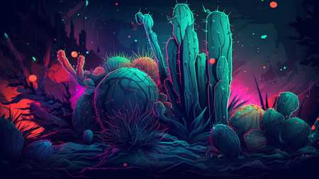 Cactuses in the desert with neon lights. Vector illustration.の素材