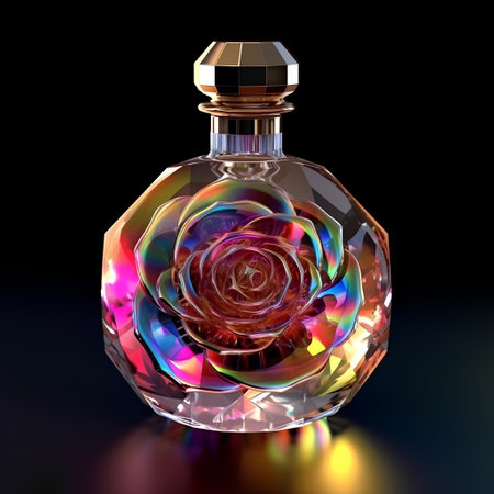 Perfume bottle with rose on black background. 3d renderの素材