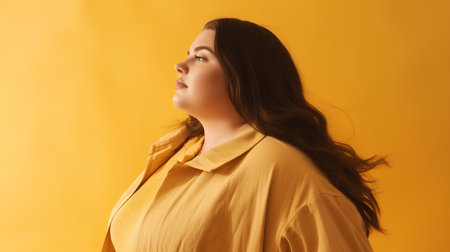 Portrait of a beautiful young woman in a yellow shirt on a yellow backgroundの素材
