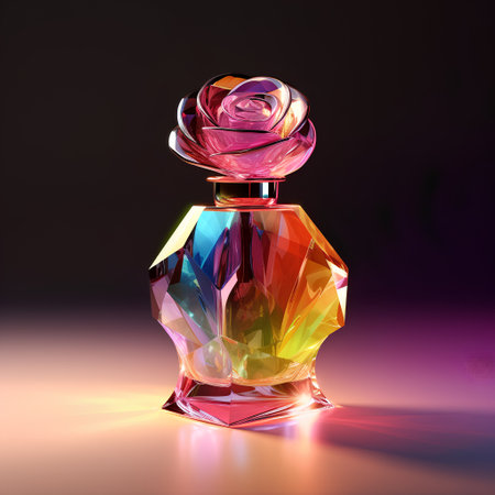 Perfume bottle with rose on dark background. 3d renderingの素材