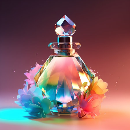 Perfume bottle with flowers on colorful background. 3d illustrationの素材