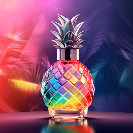Colorful pineapple in a glass vase on the background of palm leavesの素材