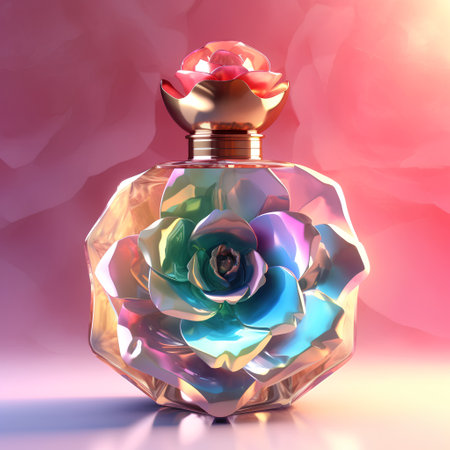 Perfume bottle with rose flower. 3d render illustration.の素材