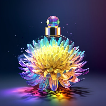 Perfume bottle with flower on dark background. 3d illustrationの素材