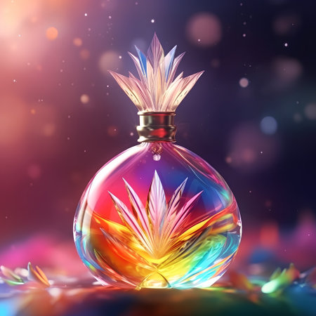 Colorful glass vase with marijuana leaf on colorful bokeh backgroundの素材