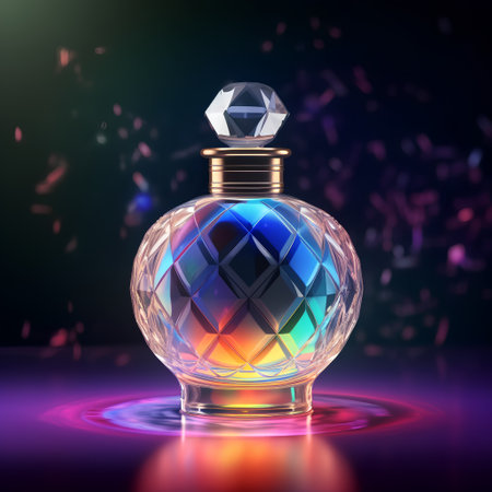 Perfume bottle with colorful reflection on dark background. Vector illustration.の素材