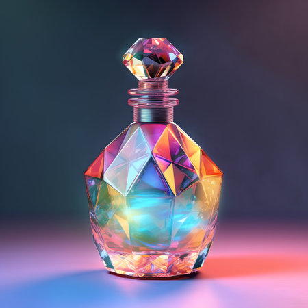 Perfume bottle with multicolored crystals. 3D renderingの素材