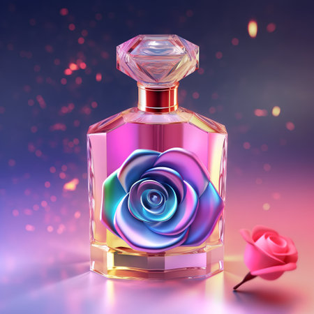 Bottle of perfume with rose flower. 3d render illustration.の素材