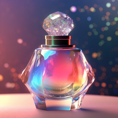 Perfume bottle with crystals on bokeh background. 3D renderingの素材
