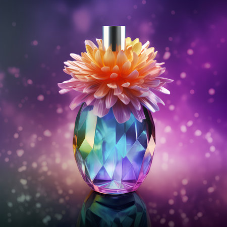 Illustration of perfume bottle with dahlia flower on colorful backgroundの素材