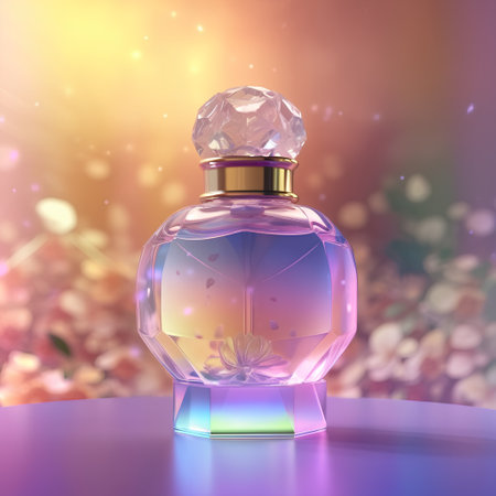 Perfume bottle on colorful background with bokeh effect. 3d renderingの素材