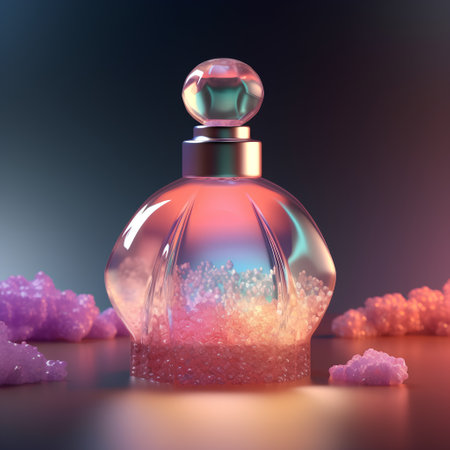 Perfume bottle with pink crystals on dark background. 3D renderingの素材