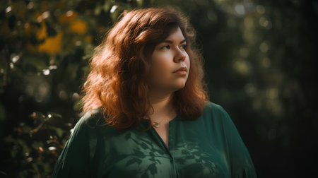 Portrait of a beautiful girl with red hair in the park.の素材