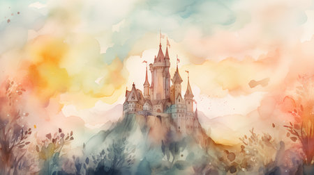 Watercolor illustration of a castle on a background of the sky.の素材