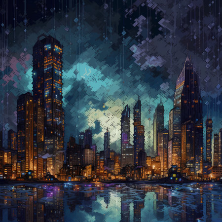 Night city background with skyscrapers and reflections. Vector illustration.の素材