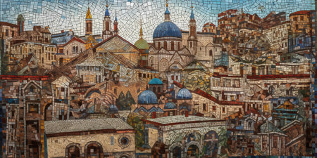 Cityscape of old european town. Illustration in stained glass styleの素材