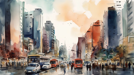 Watercolor illustration of a street in the city with people and carsの素材