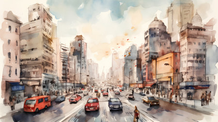 Digital watercolor painting of a street in London, United Kingdom.の素材