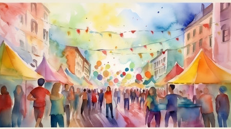 Crowd of people walking in the street. Watercolor illustration.の素材