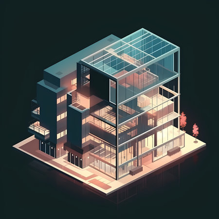illustration of modern architecture in isometric 3d style on dark backgroundの素材