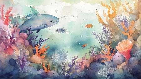 Underwater world with fish and corals. Watercolor illustration.の素材