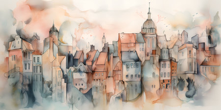 Watercolor illustration of the old town of Wroclaw, Poland.の素材