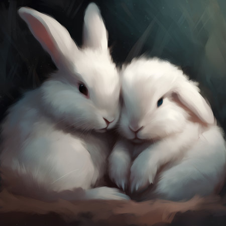 Two white rabbits on a dark background. Digital painting. Vector illustration.の素材