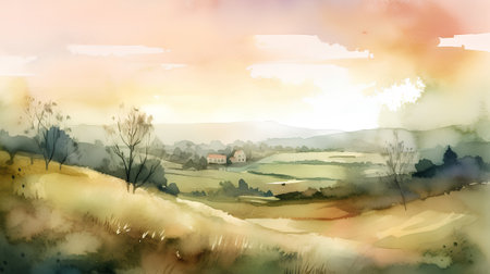 Watercolor rural landscape with village and hills. Digital art painting.の素材