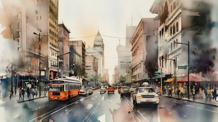 Digital watercolor painting of a street in the city of Barcelona, Spainの素材