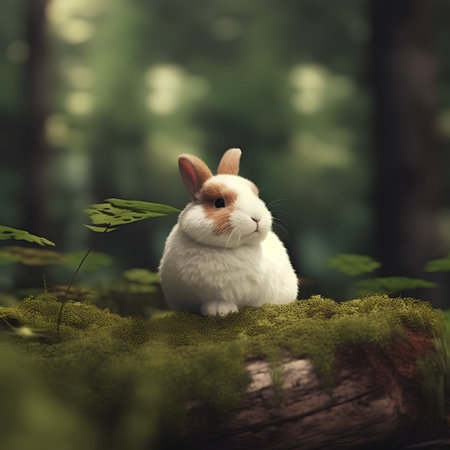 Rabbit sitting on the moss in the forest. Retro style.の素材