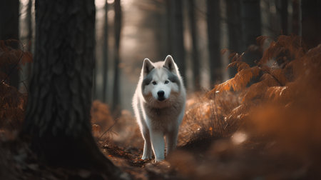 Siberian husky dog in the autumn forest. Animal portraitの素材
