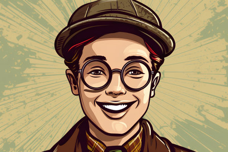 Vector illustration of a young man with glasses and a hat in retro style.の素材