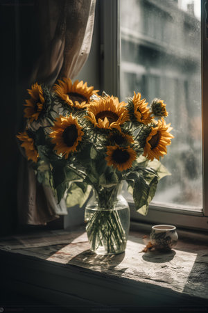 Bouquet of sunflowers in vase on the windowsillの素材