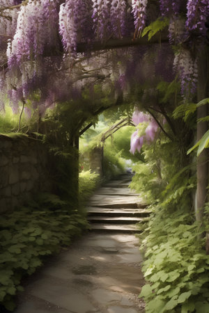 Wisteria tunnel in the garden with stairs and water liliesの素材